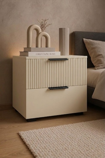 Beige Fluted Bedside Table with 2 Drawers & Storage