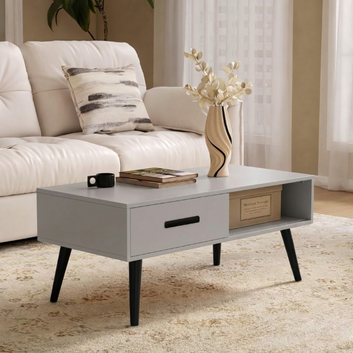 Wooden Coffee Table with Drawer & Open Storage Shelf Light Grey