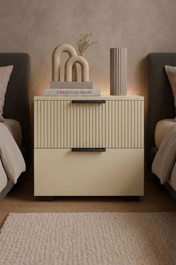 Beige Fluted Bedside Table with 2 Drawers & Storage
