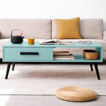 Wooden Coffee Table with Drawer & Open Storage Shelf Pastel Aqua