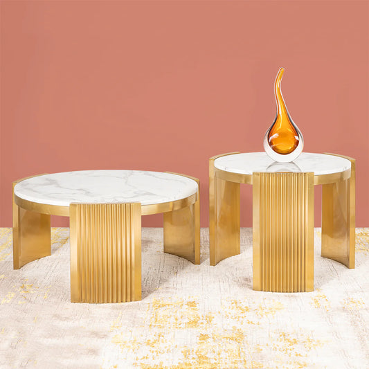 Modern Gold Base Marble Top Coffee Table Set – Premium Round Nesting Tables for Luxury Living Rooms