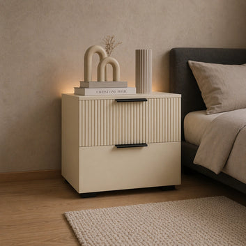 Fluted Solid Wood Bedside Table with 2 Drawers & Storage