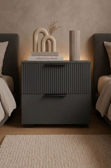 Dark Grey Fluted Bedside Table with 2 Drawers & Storage