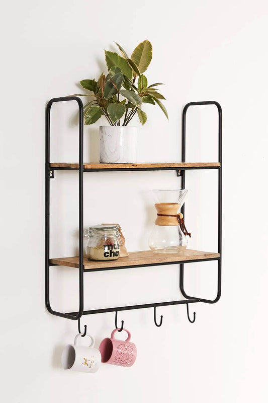 Wall-Mounted Metal & Wall Shelf with Hooks