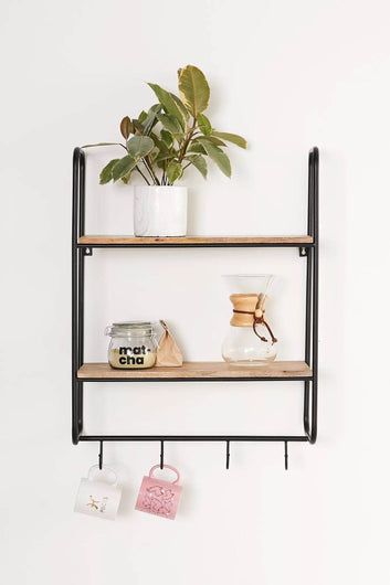 Wall-Mounted Metal & Wall Shelf with Hooks
