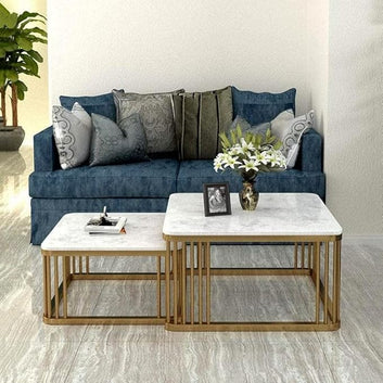 Nesting Square Faux Marble Coffee Tables with Gold Slatted Metal Base (Set of 2)