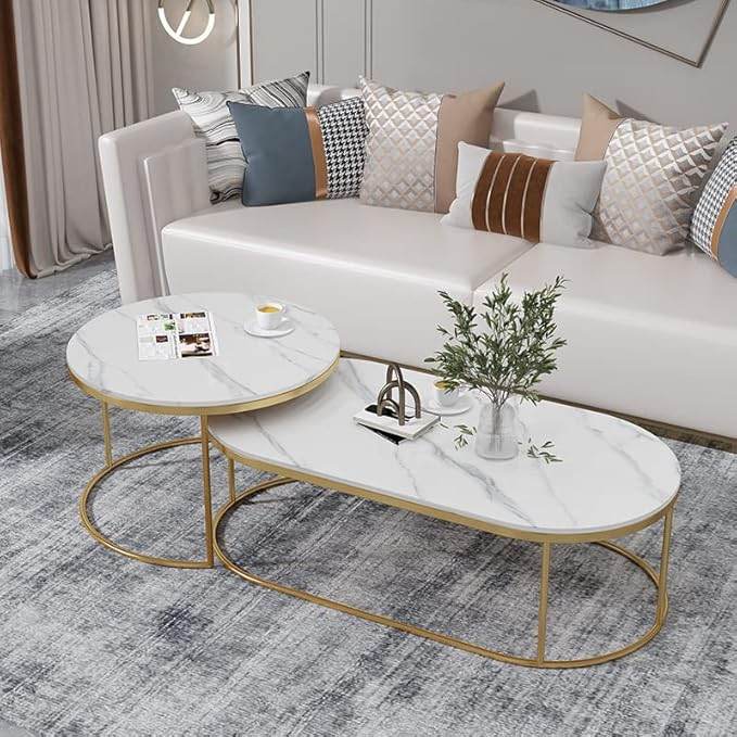 Nesting Marble-Top Coffee Tables (Round & Oval) with Gold Metal Frames