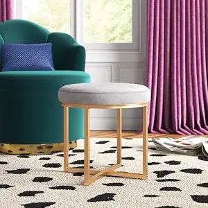 Modern Round Velvet Ottoman – Grey Cushion with Gold Metal Base | Custom Colors Available