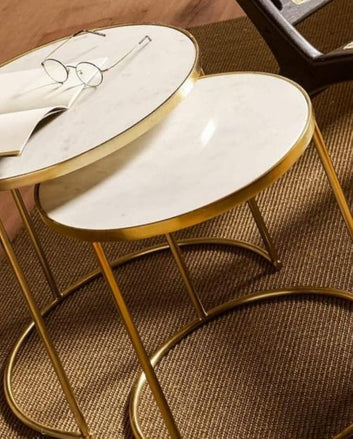 Luxury Nesting Marble Side Table Set – Round Gold Frame Coffee Tables (Set of 2)