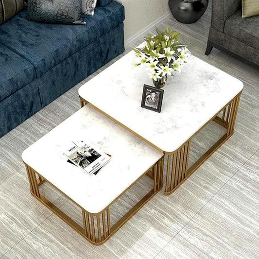 Nesting Square Faux Marble Coffee Tables with Gold Slatted Metal Base (Set of 2)