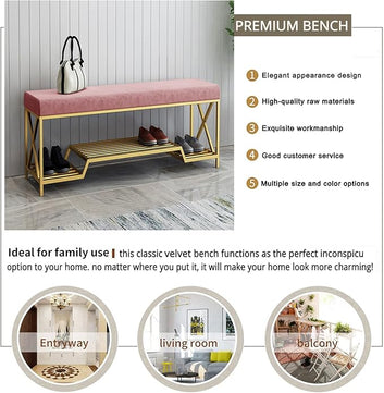 Velvet Cushion Shoe Rack Bench with Gold Metal Frame – Entryway Seating & Storage Solution