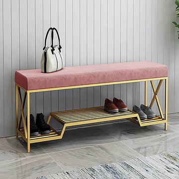 Velvet Cushion Shoe Rack Bench with Gold Metal Frame – Entryway Seating & Storage Solution