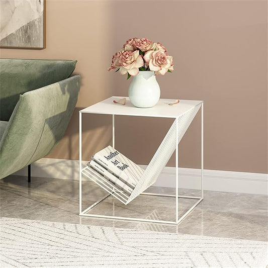 Geometric White Metal Side Table with Book Holder – Modern Minimalist Accent Table