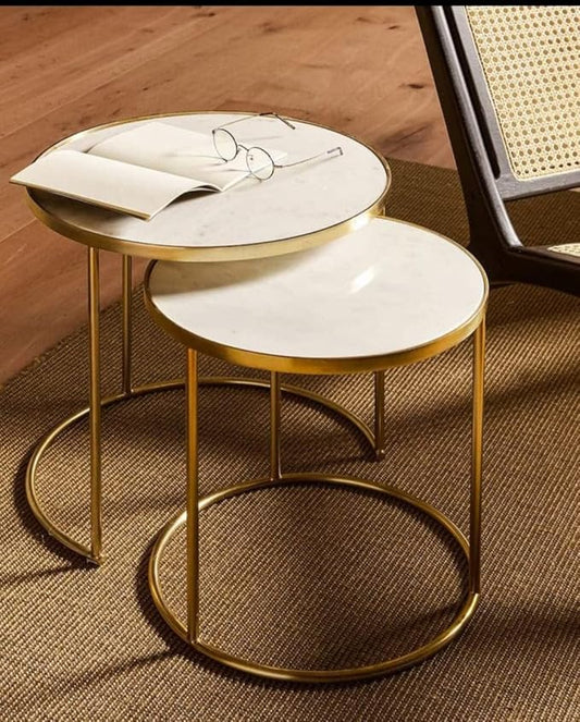 Luxury Nesting Marble Side Table Set – Round Gold Frame Coffee Tables (Set of 2)