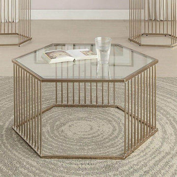 Gold Hexagon Glass Coffee Table with Metal Slatted Base