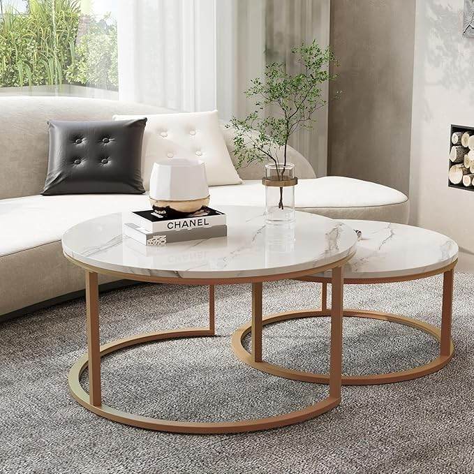 Nesting Round Marble Coffee Tables (Set of 2) with Gold Metal Frame