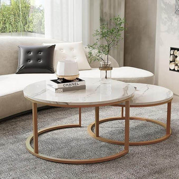 Nesting Round Marble Coffee Tables (Set of 2) with Gold Metal Frame