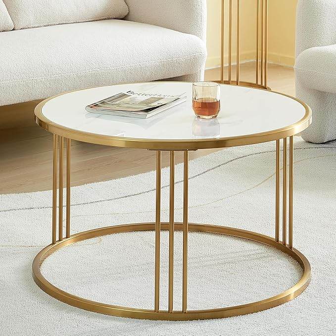 White Marble Round Coffee Table with Gold Metal Frame