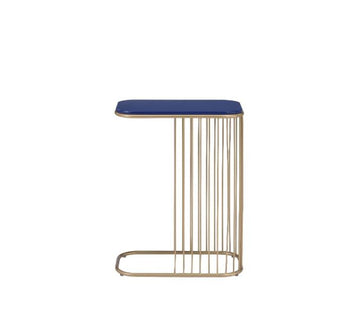 C-Shaped Gold Sofa Side Table – Navy Blue Top with Vertical Rod Design