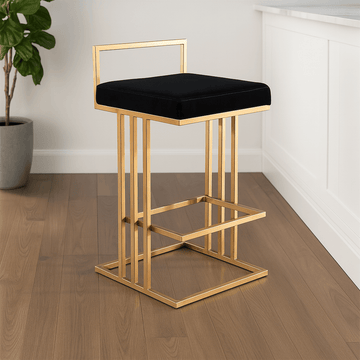 Black Velvet Bar Stool with Gold Geometric Frame & Side Backrest