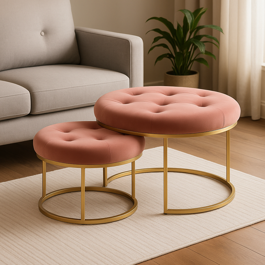 Round Velvet Nesting Ottoman Table Set – Rose Pink with Gold Base | Luxury Customizable