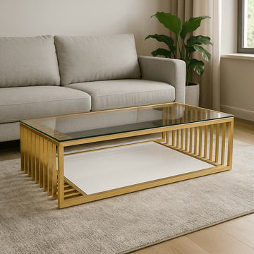 Gold Metal Slatted Coffee Table with Tempered Glass Top & M