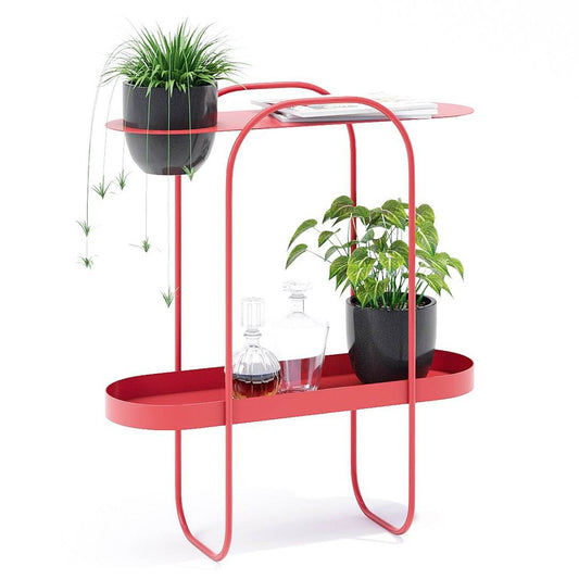 Modern Red Iron Display Rack – 2-Tier Minimalist Plant Stand & Utility Table