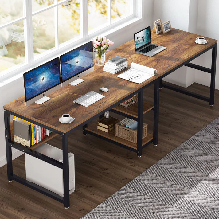 Industrial Double Workstation Desk with Shelves