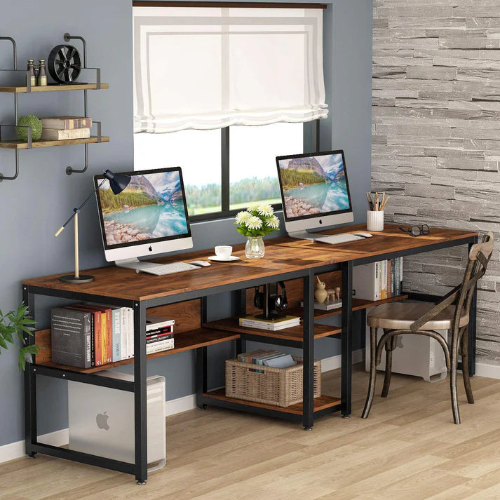 Industrial Double Workstation Desk with Shelves
