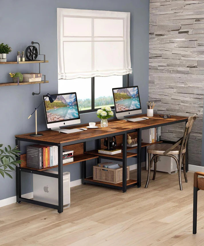 Industrial Double Workstation Desk with Shelves