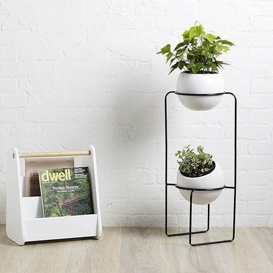 2-Tier Metal Plant Stand with Round White Pots – Modern Indoor Planter Rack