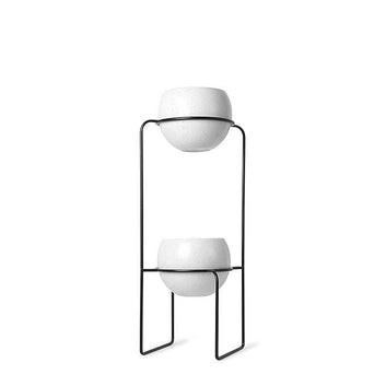 2-Tier Metal Plant Stand with Round White Pots – Modern Indoor Planter Rack