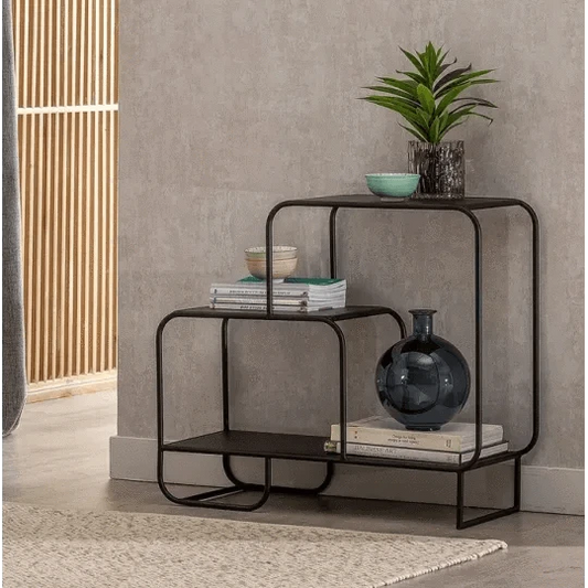Modern Black Iron Tiered Shelf – Minimalist Industrial Storage Rack