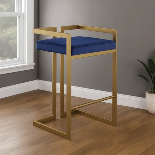 Velvet Bar Stool – Blue Velvet Seat, Gold Metal Frame, Modern Bar Height – Furely