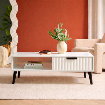 Modern Coffee Table with Drawer & Open Shelf Storage White