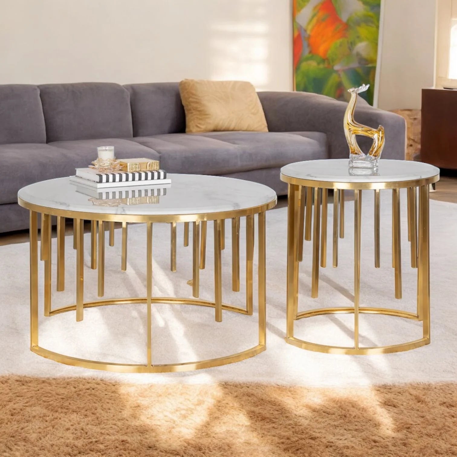 Modern Marble Top Coffee Table Set with Gold Metal Base – Round Nesting Center Tables for Living Room