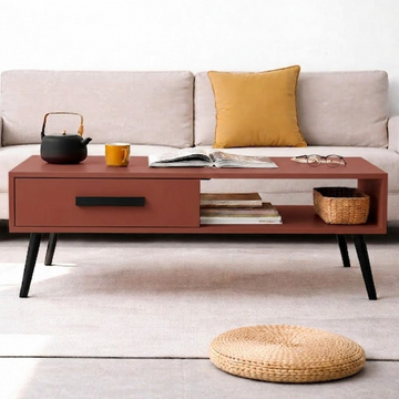 Wooden Coffee Table with Drawer & Open Storage Shelf Terracotta