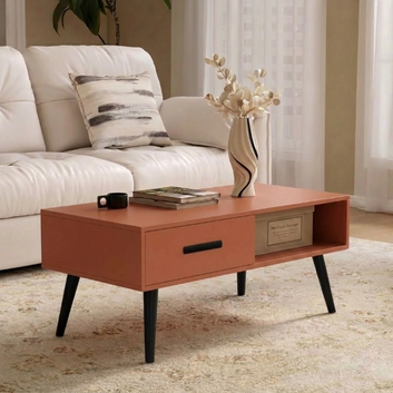 Wooden Coffee Table with Drawer & Open Storage Shelf Terracotta