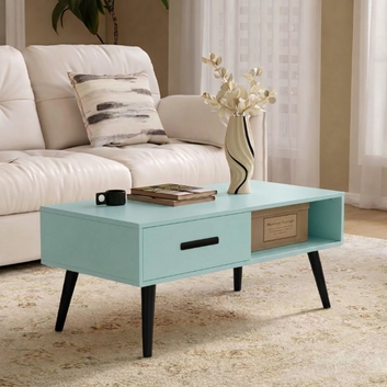 Wooden Coffee Table with Drawer & Open Storage Shelf Pastel Aqua