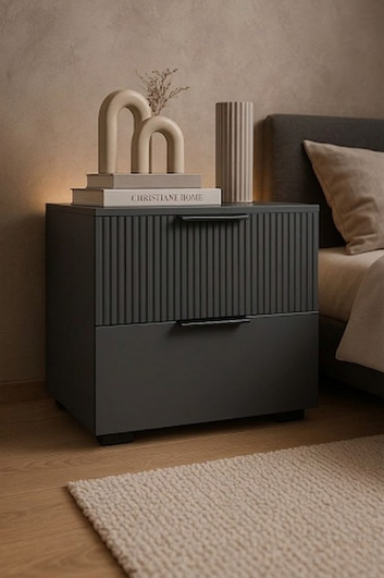 Dark Grey Fluted Bedside Table with 2 Drawers & Storage