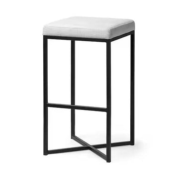 White Cushioned Square Stool with Black Metal Frame – Modern Accent Seat