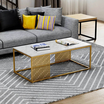 Rectangular White Marble Coffee Table with Gold Slatted Metal Base