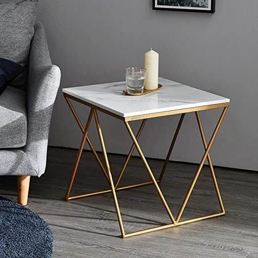 Geometric Marble Side Table – Square White Top with Gold Metal Frame
