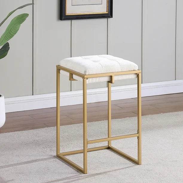 White Tufted Chenille Counter Height Bar Stool with Gold Metal Frame